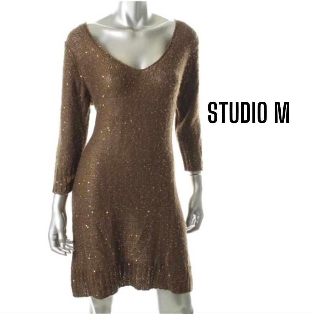 Studio M NEW Petites Brown Sequined 3/4 Sleeves A-Line Sweaterdress XSP
